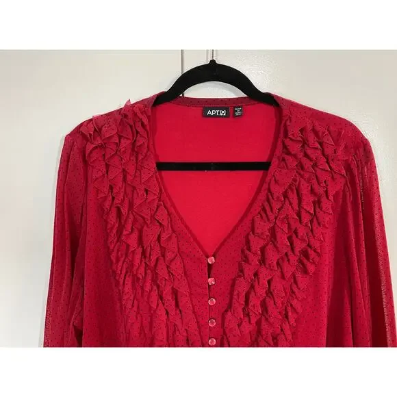 APT. 9 Woman Red Polka Dot Ruffled 3/4 Sleeve Button front V-Neck Blouse Size 1X - Picture 2 of 10